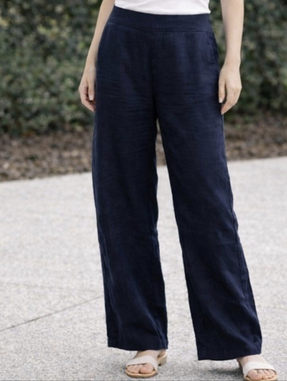Chico's Navy Pull-On Stretch Linen Blend Wide-Leg Pants - Size 6